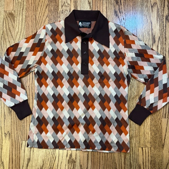Leonardo Strassi Vintage 70s Mod Geometric Italian Knit Shirt Pullover Retro - Picture 2 of 11